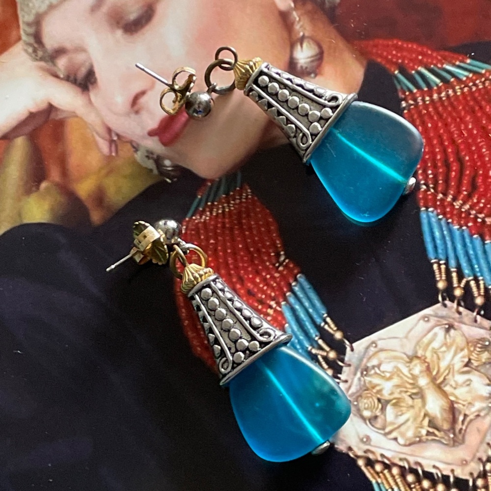 Designer Masha Archer Blue Frosted Resin Bell Earrings with Ornate Silver Caps - Picture 6 of 14